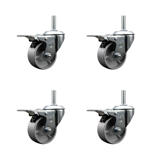 3 Inch Semi Steel Swivel 34 Inch Threaded Stem Caster Set with Total Lock Brake